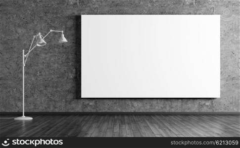 Floor lamp and big poster over concrete wall room interior background 3d rendering