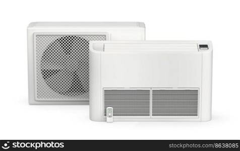 Floor mounted air conditioner with remote control and outdoor unit on white background