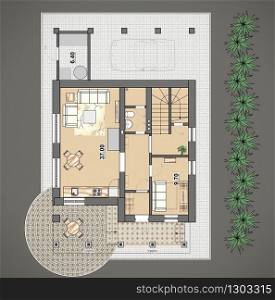 Floor plan of an apartment house with furniture