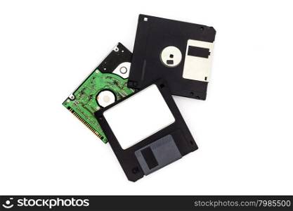Floppy disk and hard disk on white background