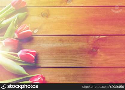 flora, gardening and plant concept - close up of red tulip flowers on wooden table with copy space. close up of tulip flowers on wooden table