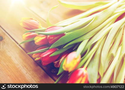 flora, gardening and plant concept - close up of tulip flowers on wooden table. close up of tulip flowers on wooden table
