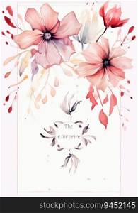 Floral and botanical invitation card template. watercolor design with flowers, eucalyptus leaves and branch. Abstract blossom garden suitable for wedding, greeting, banner, cover, decor