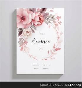 Floral and botanical invitation card template. watercolor design with flowers, eucalyptus leaves and branch. Abstract blossom garden suitable for wedding, greeting, banner, cover, decor