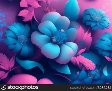 Floral and leafy background in blue and pink. Generative AI.