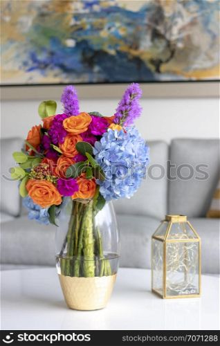 Floral arrangement decorating the living room of the house