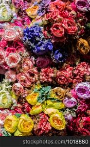 Floral art made of colorful artificial flowers in view