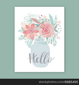 Floral background. Glass jar. Floral fantasy background. Glass mason jar with abstarct rose and peony flowers and text Hello