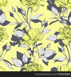 Floral background with beautiful yellow rosses. Seamless botanical pattern. Hand drawing.