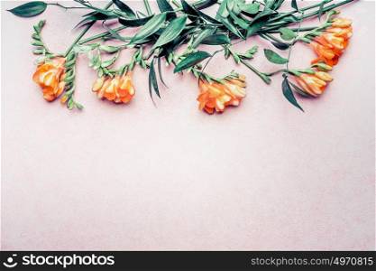 Floral border made of tropical flowers and leaves on pastel pink background, top view, place for text