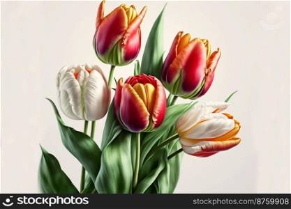 floral border of fresh colorful tulip flowers on white background