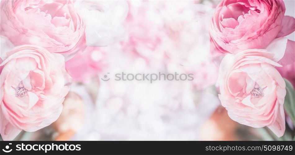 Floral border with close up of pink pale flowers and bokeh background. Pastel Festive greeting card