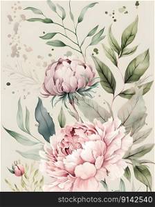 Floral botanical hand painted watercolor illustration background for wedding invitation, wallpapers or graphic design with airy soft color flowers and green leaves in boho style. AI Generative content