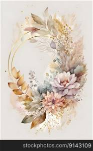 Floral botanical hand painted watercolor wreath template illustration background for wedding invitation, airy soft color flowers and green leaves in boho style, golden details. AI Generative content