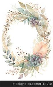 Floral botanical hand painted watercolor wreath template illustration background for wedding invitation, airy soft color flowers and green leaves in boho style, golden details. AI Generative content