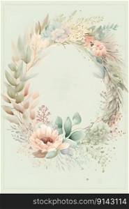 Floral botanical hand painted watercolor wreath template illustration green background for wedding invitation, airy soft color flowers and green leaves in boho style. AI Generative content