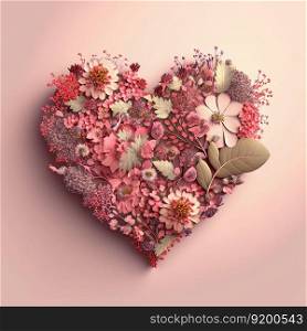 Floral botanical heart made of flowers, leaves and plants on pink background. Spring, summer, love nature concept AI. Floral heart on pink background. Spring, summer, love nature concept. AI