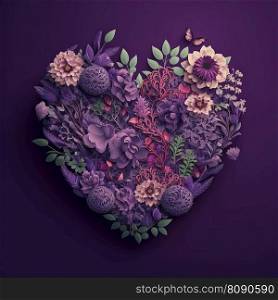 Floral botanical heart made of flowers, leaves and plants on purple background. Spring, summer, love nature concept. Floral heart on purple background. Spring, summer, love nature concept