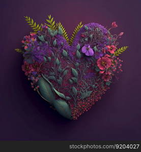 Floral botanical heart made of flowers, leaves and plants on purple background. Spring, summer, love nature concept. Floral heart on purple background. Spring, summer, love nature concept