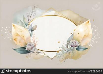 Floral botanical watercolor golden frame template illustration background for wedding invitation, airy soft color crystals, natural e≤ments,≤aves in boho sty≤golden details. AI Ge≠rative content
