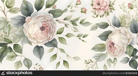 Floral botanical watercolor illustration background for wedding invitation, wallpapers or graphic design with airy soft color flowers and green leaves in boho style. AI Generative content