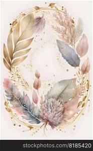 Floral botanical watercolor wreath template illustration background for wedding invitation, airy soft color flowers and green leaves in boho style, golden details. AI Generative content