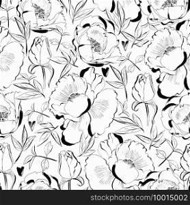 Floral design for textile prints, wallpapers, wrapping, web backgrounds and other pattern fills. Floral design with peonies Seamless illustration with spring blooming flowers
