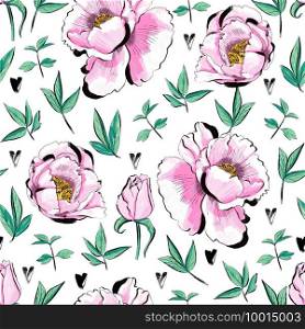 Floral design for textile prints, wallpapers, wrapping, web backgrounds and other pattern fills. Floral design with peonies Seamless illustration with spring blooming flowers