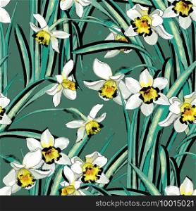 Floral design for textile prints, wallpapers, wrapping, web backgrounds and other pattern fills. Floral design with narcissuses Seamless illustration with spring blooming flowers