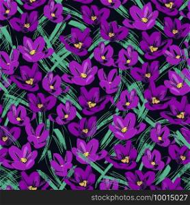 Floral design for textile prints, wallpapers, wrapping, web backgrounds and other pattern fills. Floral design with violet crocuses Seamless illustration with spring blooming flowers