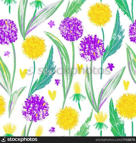Floral design for textile prints, wallpapers, wrapping, web backgrounds and other pattern fills. Seamless pattern with bright dandelions and wild onions on a white background