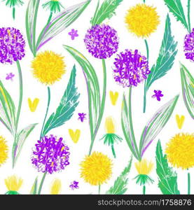Floral design for textile prints, wallpapers, wrapping, web backgrounds and other pattern fills. Seamless pattern with bright dandelions and wild onions on a white background