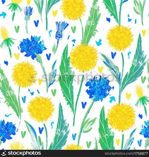 Floral design for textile prints, wallpapers, wrapping, web backgrounds and other pattern fills. Seamless pattern with bright cornflowers and dandelions on a white background