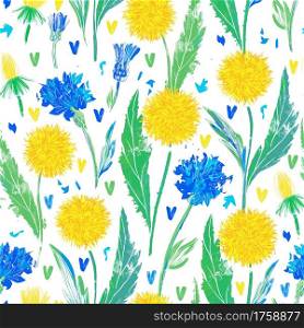 Floral design for textile prints, wallpapers, wrapping, web backgrounds and other pattern fills. Seamless pattern with bright cornflowers and dandelions on a white background