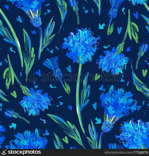 Floral design for textile prints, wallpapers, wrapping, web backgrounds and other pattern fills. Seamless pattern with bright cornflowers on a dark blue background