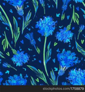 Floral design for textile prints, wallpapers, wrapping, web backgrounds and other pattern fills. Seamless pattern with bright cornflowers on a dark blue background