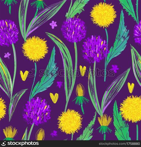 Floral design for textile prints, wallpapers, wrapping, web backgrounds and other pattern fills. Seamless pattern with bright dandelions and wild onions on a dark purple background