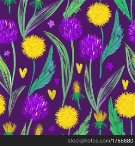 Floral design for textile prints, wallpapers, wrapping, web backgrounds and other pattern fills. Seamless pattern with bright dandelions and wild onions on a dark purple background