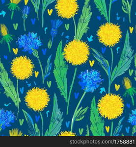 Floral design for textile prints, wallpapers, wrapping, web backgrounds and other pattern fills. Seamless pattern with bright cornflowers and dandelions on a dark blue background