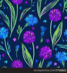 Floral design for textile prints, wallpapers, wrapping, web backgrounds and other pattern fills. Seamless pattern with bright cornflowers and wild onions on a dark blue background