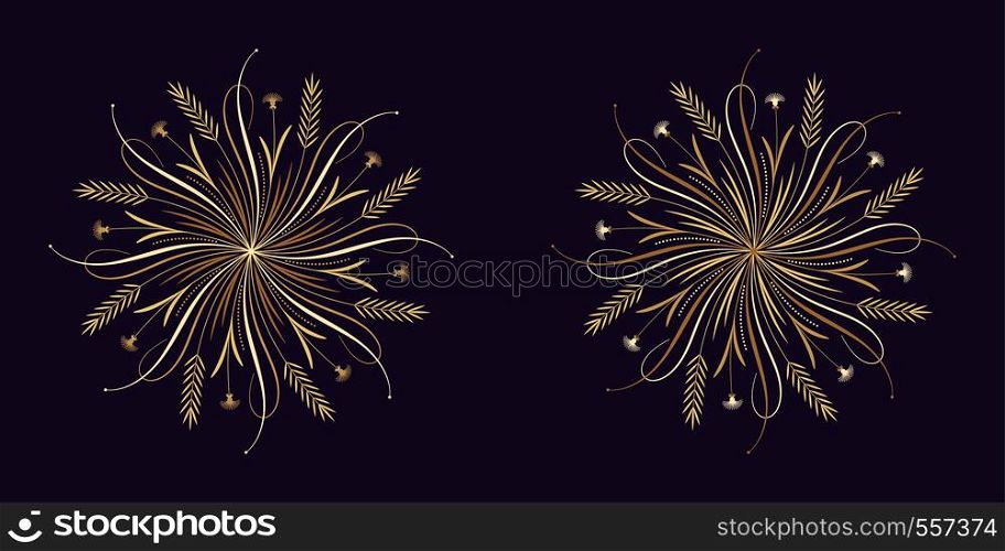 Floral flourish ornament in golden calligraphic style with 8 repeating rays. Vector radial decoration, round herbal bouquet with flowers and leaves, branches and curls. Floral star, set 7. Floral flourish ornament in golden style, vector