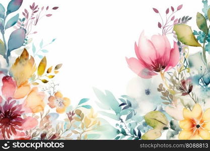 Floral frame decor in colorful watercolors on a white background created with generative AI technology