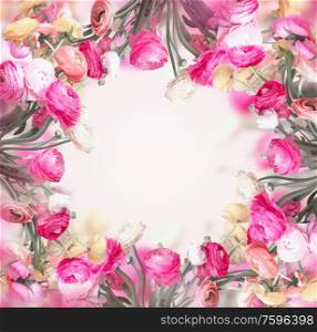 Floral frame made with colorful flowers. Buttercups flowers frame. Copy space