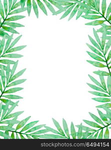 Floral frame with green watercolor palm branch. Hand drawn tropical background. Floral frame with green watercolor branch