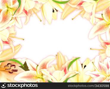 Floral frame with lily flowers and green leaf on white background. Nature art ornament template for your design. Close-up. Studio photography.
