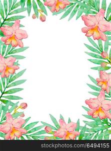 Floral frame with pink watercolor orchids and green palm branch. Hand drawn tropical background. Floral frame with pink watercolor orchids