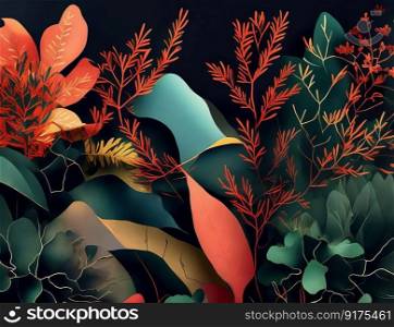 Floral Fusion is a colorful abstract botanical background for modern luxury designs. Generative AI.