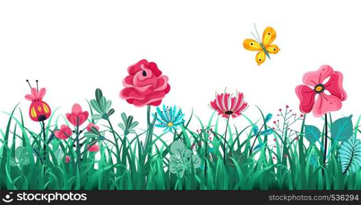 Floral grass border. Green flowers spring blooming field, summer meadow nature, panorama herbs macro element vector concept. Floral grass border. Green flowers spring field, summer meadow nature, panorama herbs macro element vector concept
