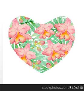Floral heart of pink watercolor orchids and green palm branch on a white background. Hand drawn tropical background. Heart of watercolor orchids