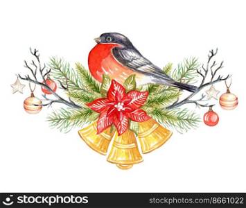 Floral horizontal composition with a Christmas tree, bells and a bullfinch. Watercolor realistic hand drawn isolated illustration. White background. For cards, decor, christmas design, print,porcelain. Christmas plants and bullfinch watercolor isolated illustration